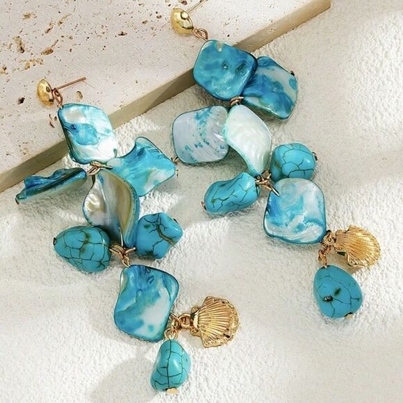 Turquoise and Gold Shell Dangle A1246 - Picture 1 of 4